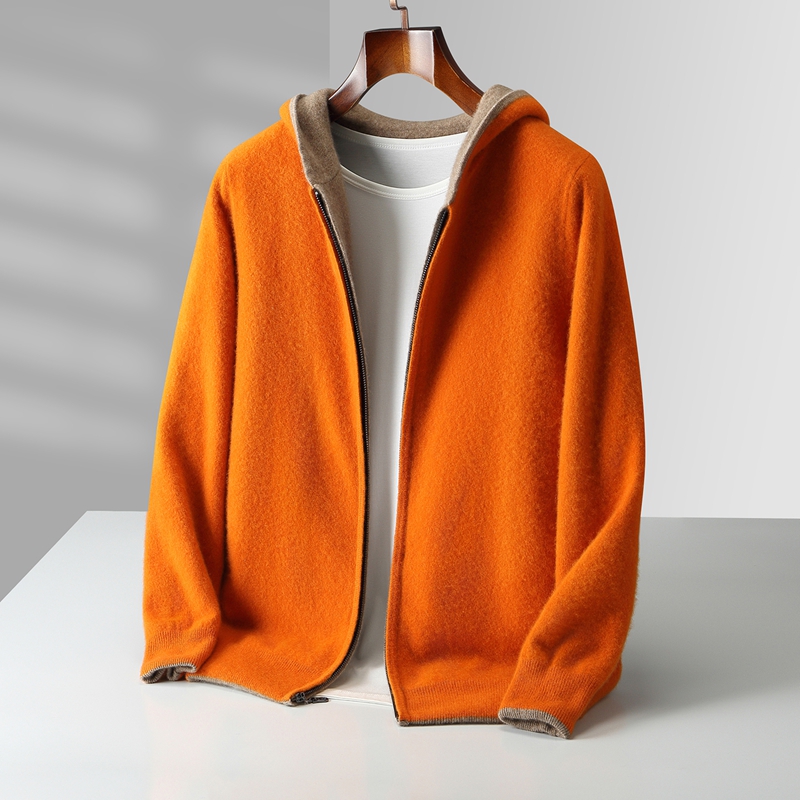 Wool Coat Peacoat - เสื้อฮู้ดแคชเมียร์บุหนาแบบสองด้านสำหรับผู้ชาย รุ่นใหม่ประจำฤดูใบไม้ร่วงและฤดูหนาว เสื้อคาร์ดิแกนถักแบบลำลองให้ความอบอุ่น