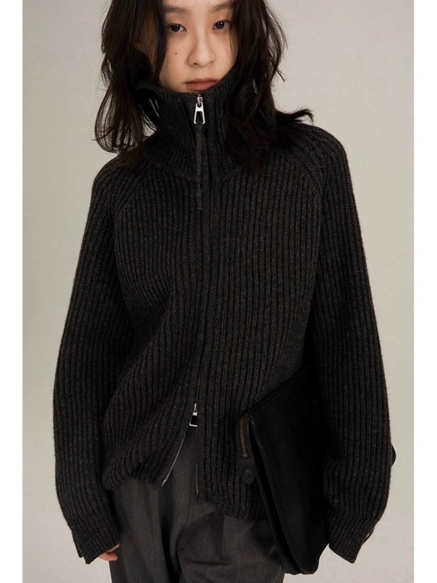 Wool Coat Peacoat - เสื้อโค้ทถักแขนยาวผ้าแคชเมียร์ซิปสองชั้นปกสีดำสำหรับฤดูใบไม้ร่วง/ฤดูหนาวผ้าวูล100