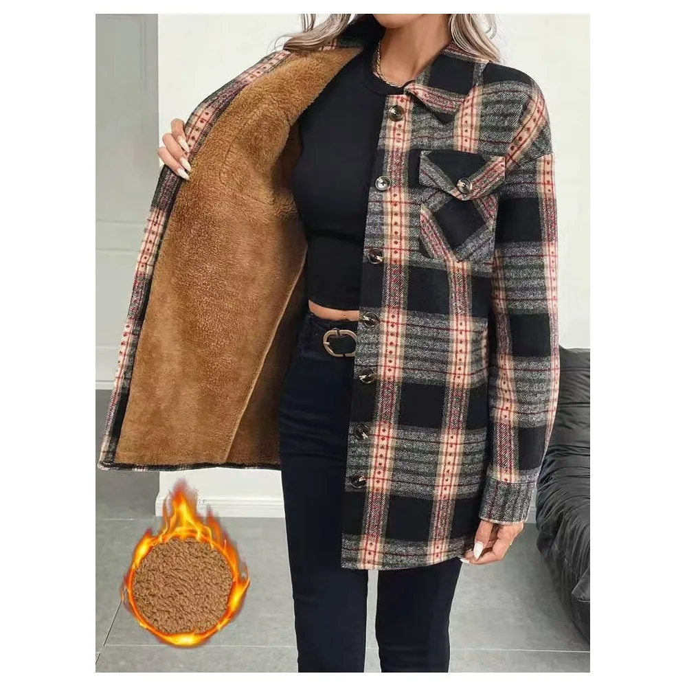 Flannel Shirt Lined - เสื้อโค้ทแฟชั่นผู้หญิงสำหรับฤดูใบไม้ร่วงและฤดูหนาว บุผ้าเชอร์ปา ลายสก็อต แขนยาว กระดุมหน้า เสื้อแจ็คเก็ตผ้าแฟลนเนล